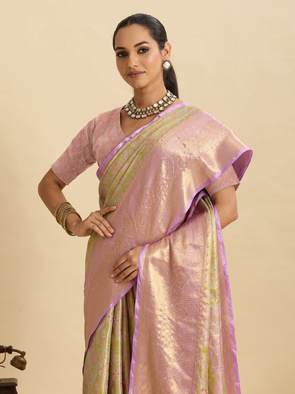 Pastel Green Pink Woven Designer Saree With Elegant Border