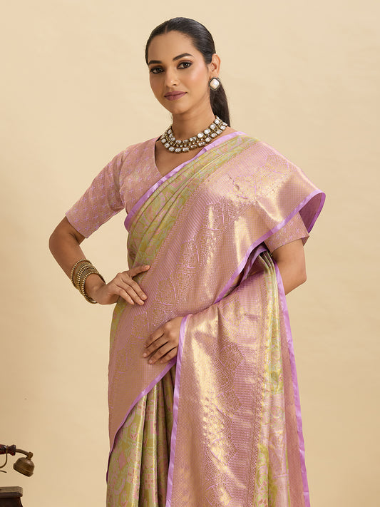Pastel Green Pink Woven Designer Saree With Elegant Border