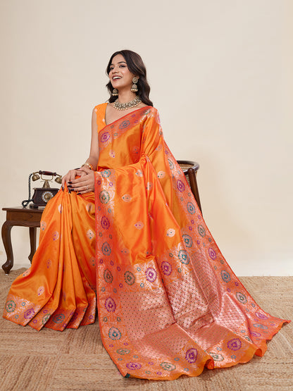 Elegant Red Designer Saree With Multicolor Traditional Motifs
