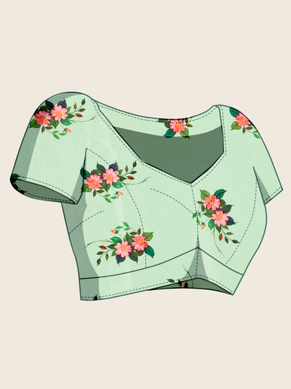 Elegant Mint Green Peacock Floral Printed Designer Saree