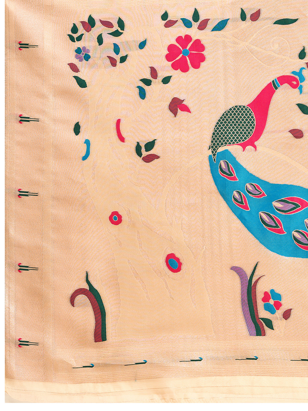 Elegant Peach Designer Saree With Peacock Print And Border