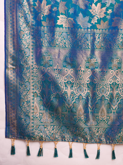 Blue Floral Woven Designer Saree With Traditional Border