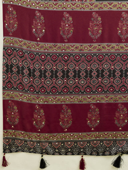 Elegant Black Maroon Printed Saree With Traditional Border