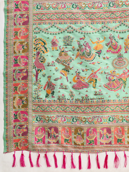 Mint Green Traditional Printed Saree With Ethnic Motifs