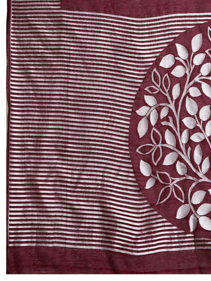 Elegant Maroon Saree With Floral Prints And Striped Border
