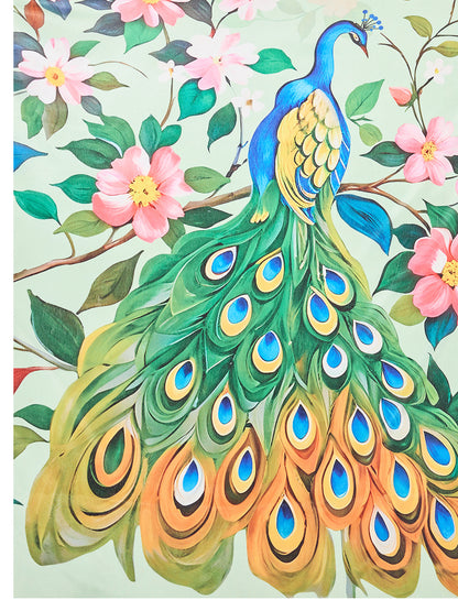 Elegant Mint Green Peacock Floral Printed Designer Saree