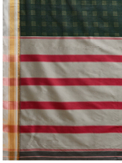Dark Green Checked Designer Saree With Elegant Contrast Border