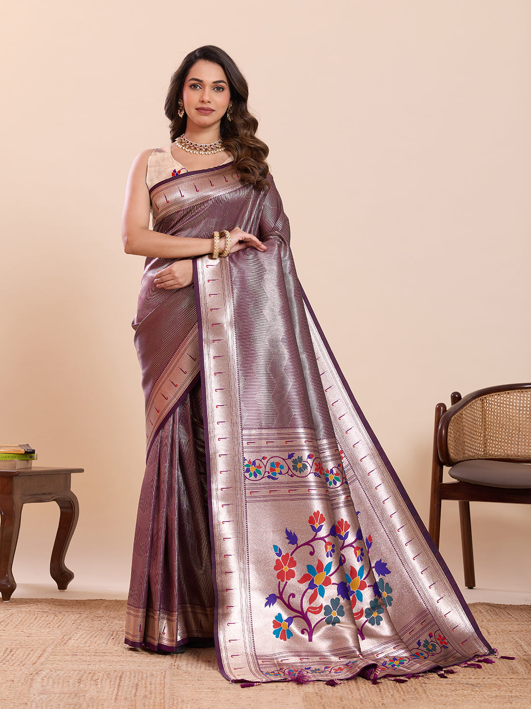 Elegant Purple Floral Woven Border Traditional Festive Saree