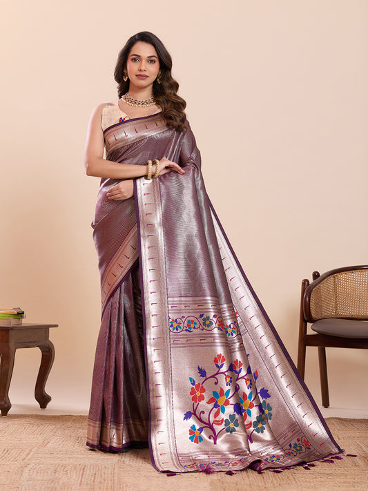 Elegant Purple Floral Woven Border Traditional Festive Saree