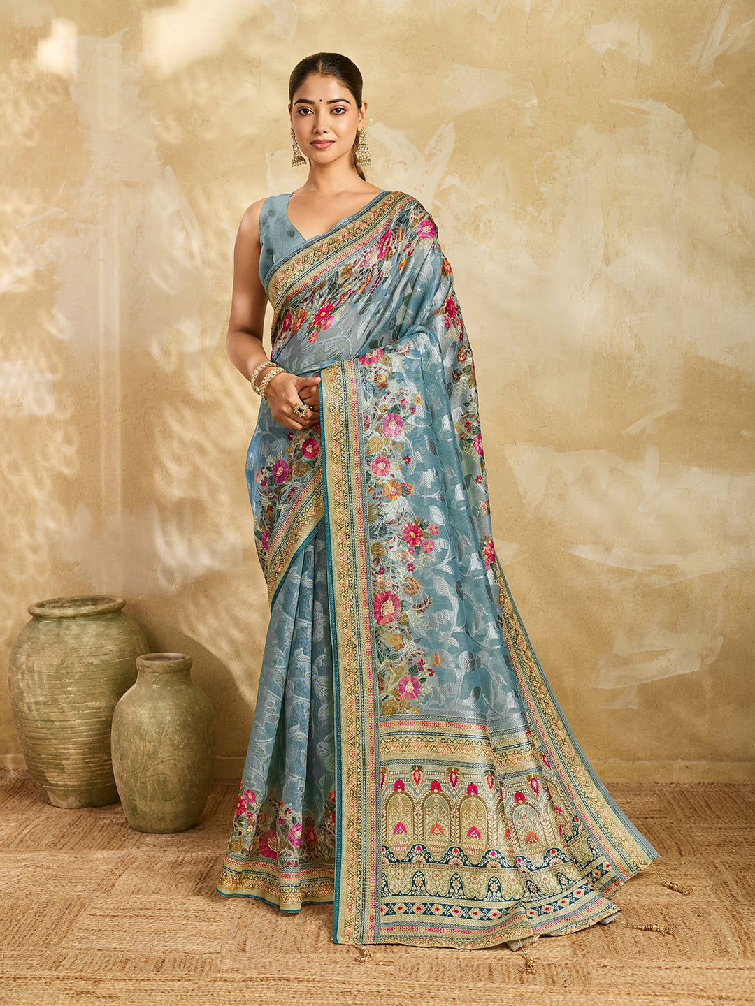 Elegant Sky Blue Floral Printed Saree for Women