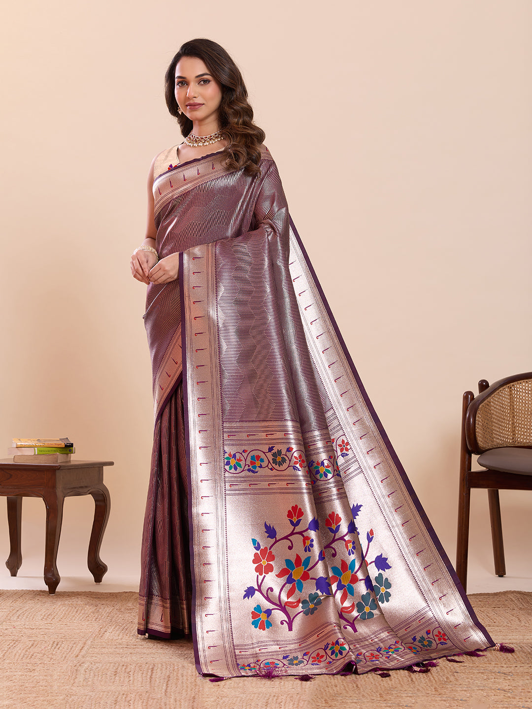 Elegant Purple Floral Woven Border Traditional Festive Saree
