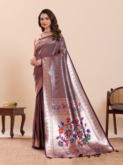 Elegant Purple Floral Woven Border Traditional Festive Saree