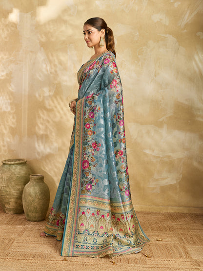 Elegant Sky Blue Floral Printed Saree for Women
