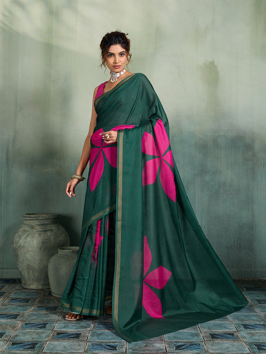 Elegant Green Floral Printed Saree for Women Festive Wear