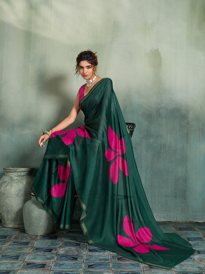 Elegant Green Floral Printed Saree for Women Festive Wear