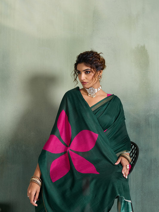 Elegant Green Floral Printed Saree for Women Festive Wear