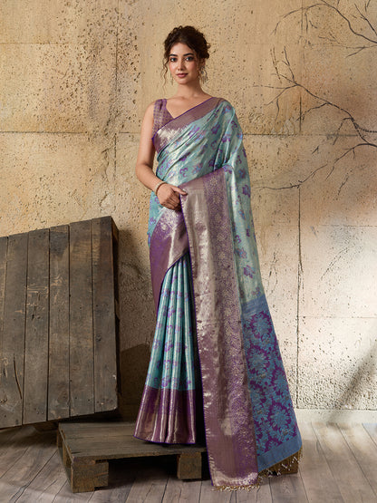 Elegant Mint Green Floral Jacquard Saree With Purple Border
