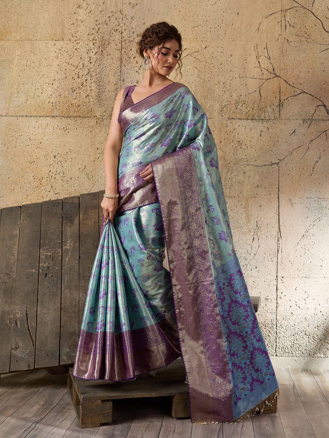 Elegant Mint Green Floral Jacquard Saree With Purple Border