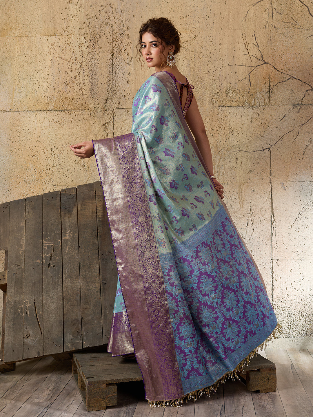 Elegant Mint Green Floral Jacquard Saree With Purple Border