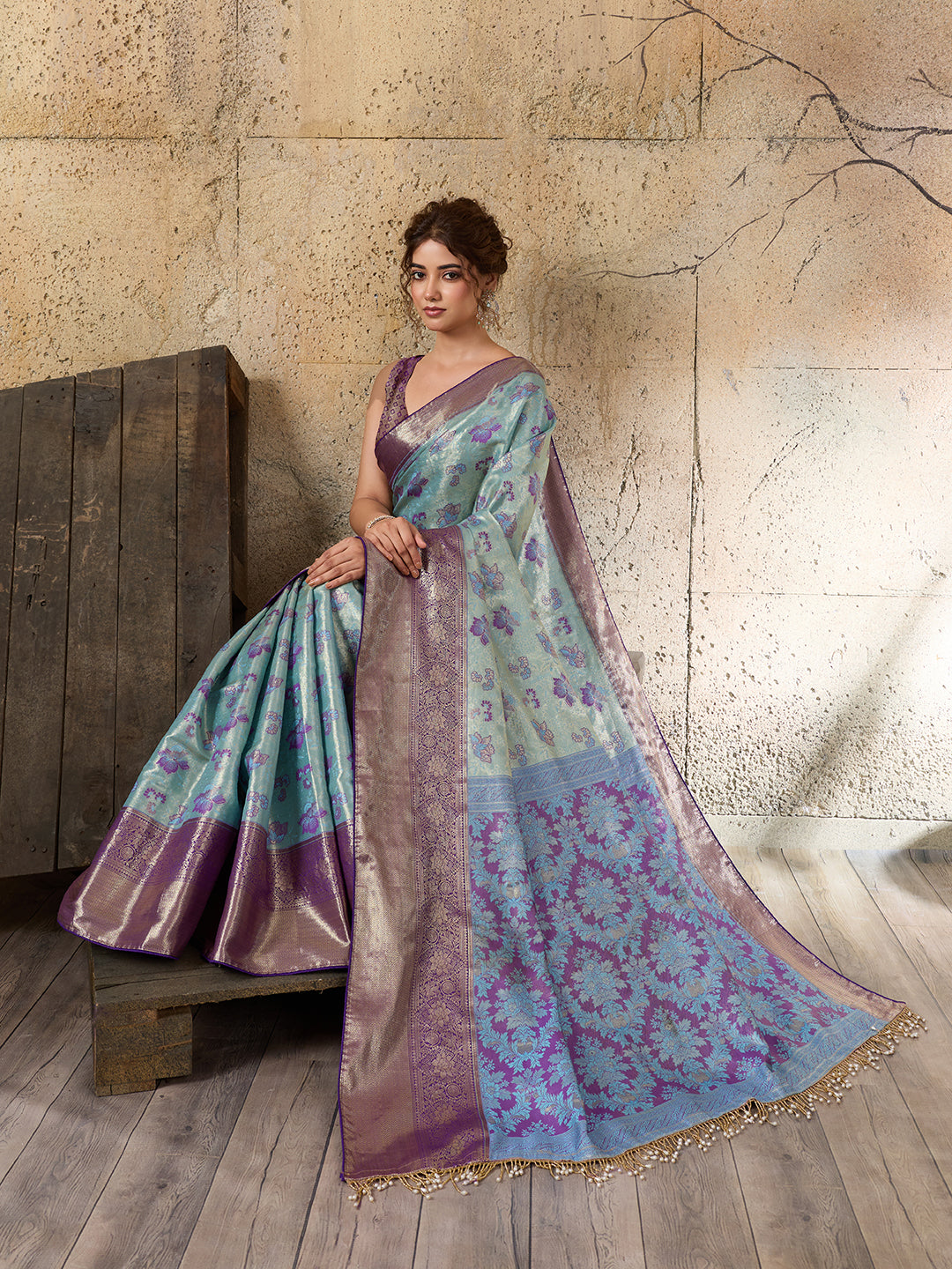 Elegant Mint Green Floral Jacquard Saree With Purple Border
