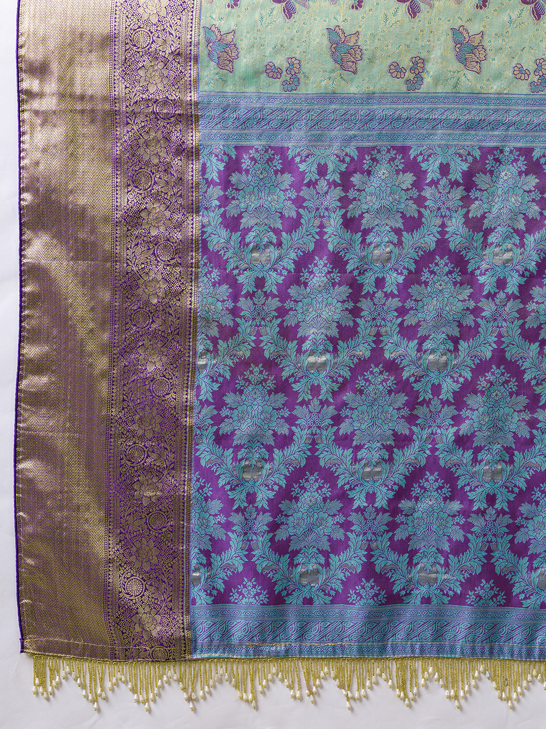 Elegant Mint Green Floral Jacquard Saree With Purple Border