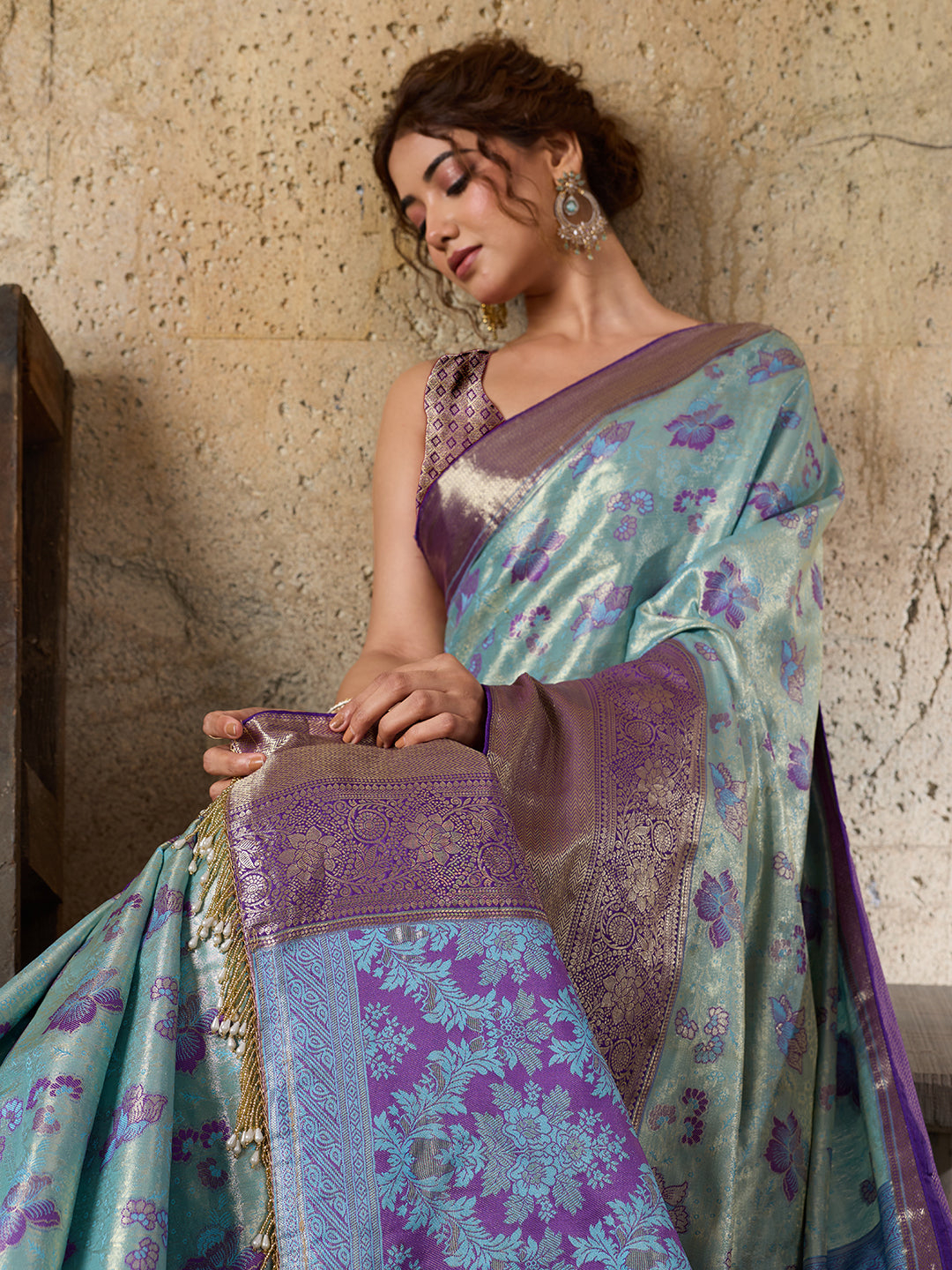 Elegant Mint Green Floral Jacquard Saree With Purple Border