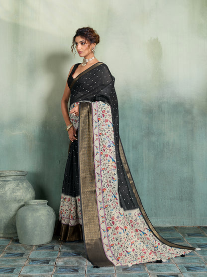 Elegant Black Saree With Floral Printed Pallu And Border