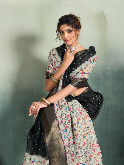 Elegant Black Saree With Floral Printed Pallu And Border
