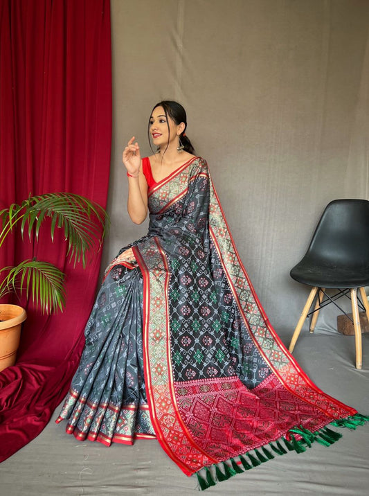 Elegant Black Printed Saree With Red Border Design