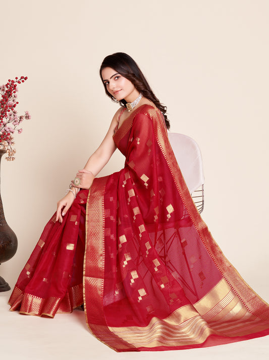 Elegant Red Traditional Saree With Golden Woven Border