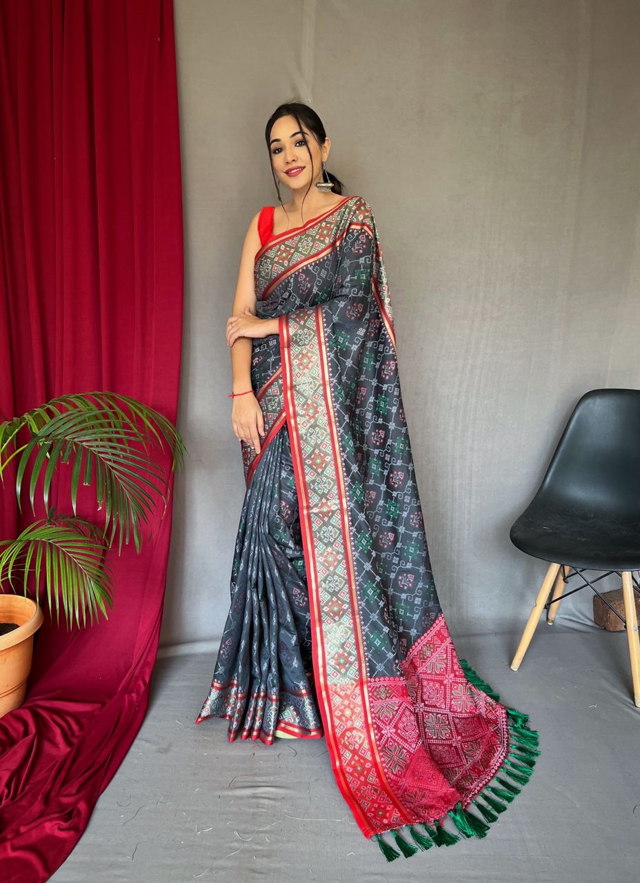 Elegant Black Printed Saree With Red Border Design
