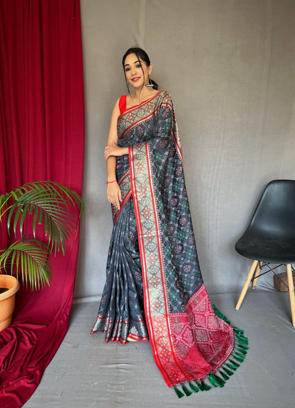 Elegant Black Printed Saree With Red Border Design