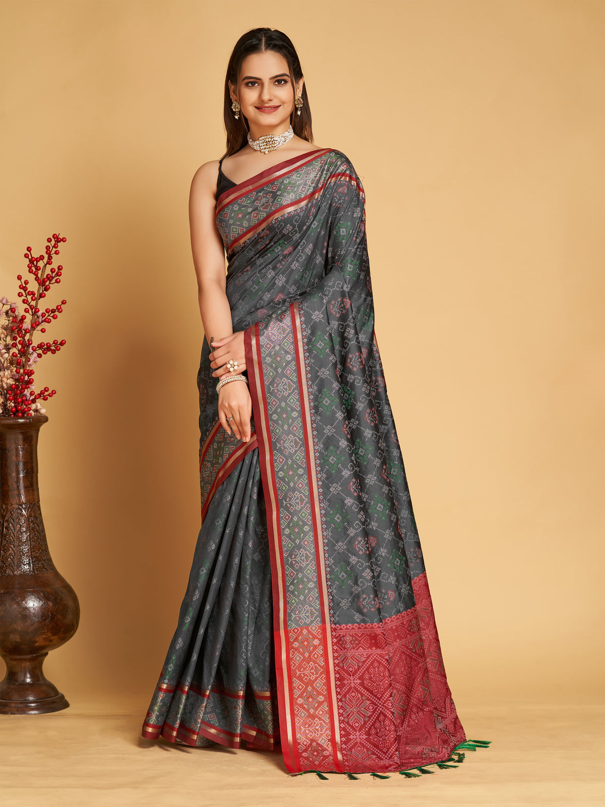 Elegant Black Printed Saree With Red Border Design