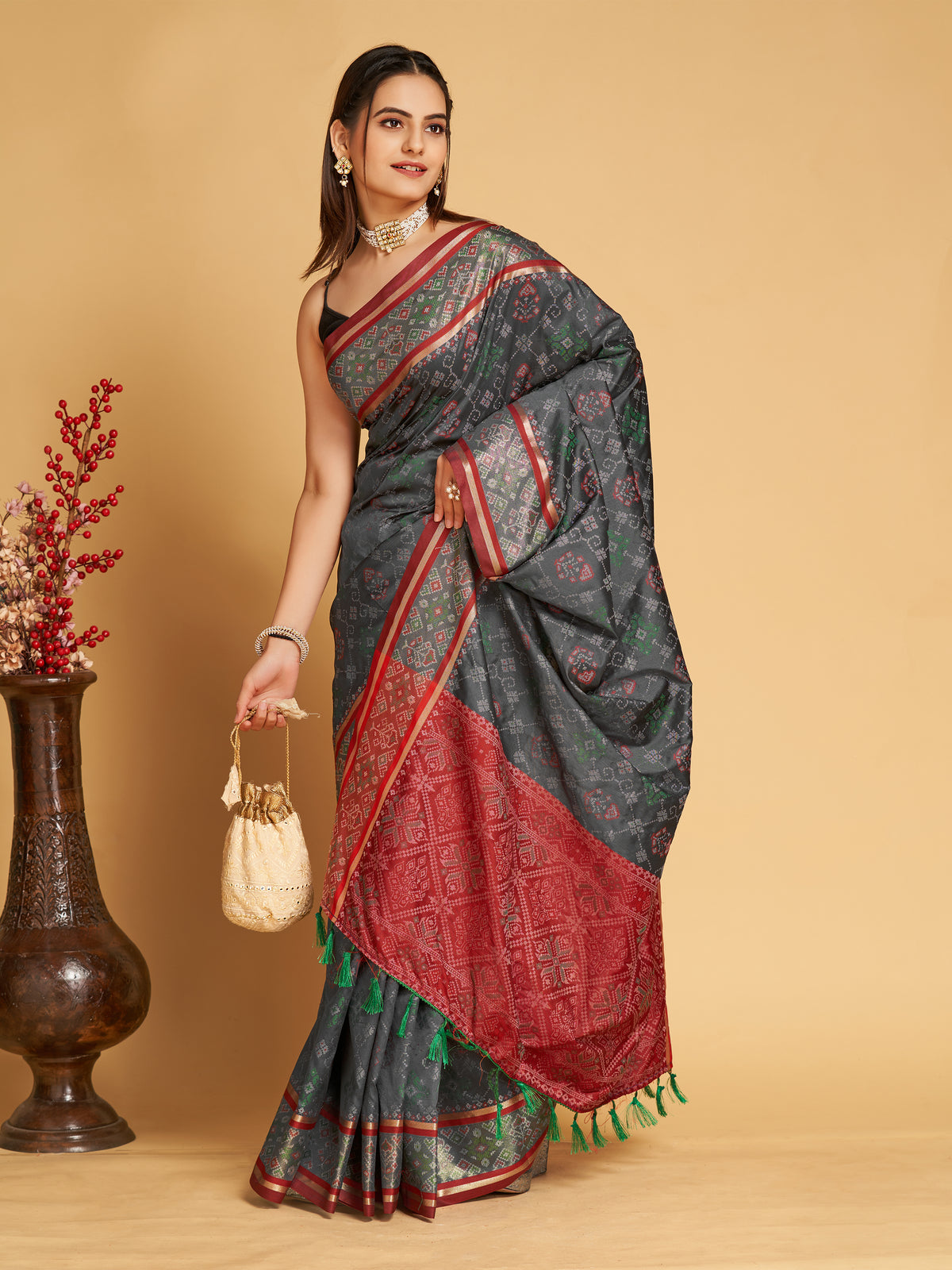 Elegant Black Printed Saree With Red Border Design
