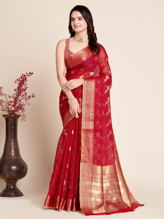 Elegant Red Traditional Saree With Golden Woven Border