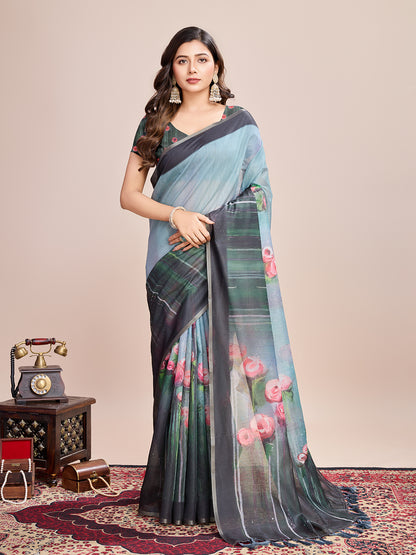 Elegant Grey Blue Saree with Floral Printed Pallu Design
