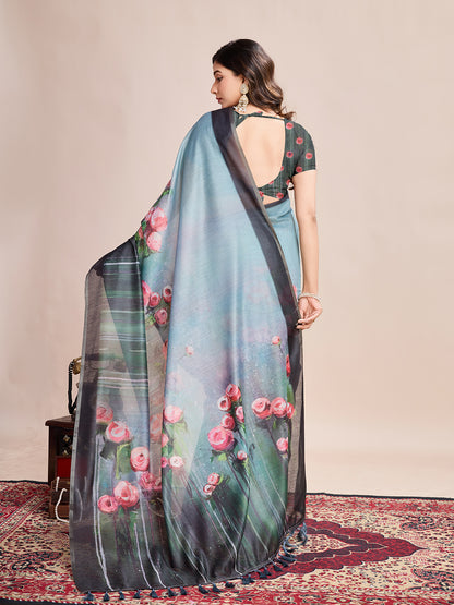 Elegant Grey Blue Saree with Floral Printed Pallu Design