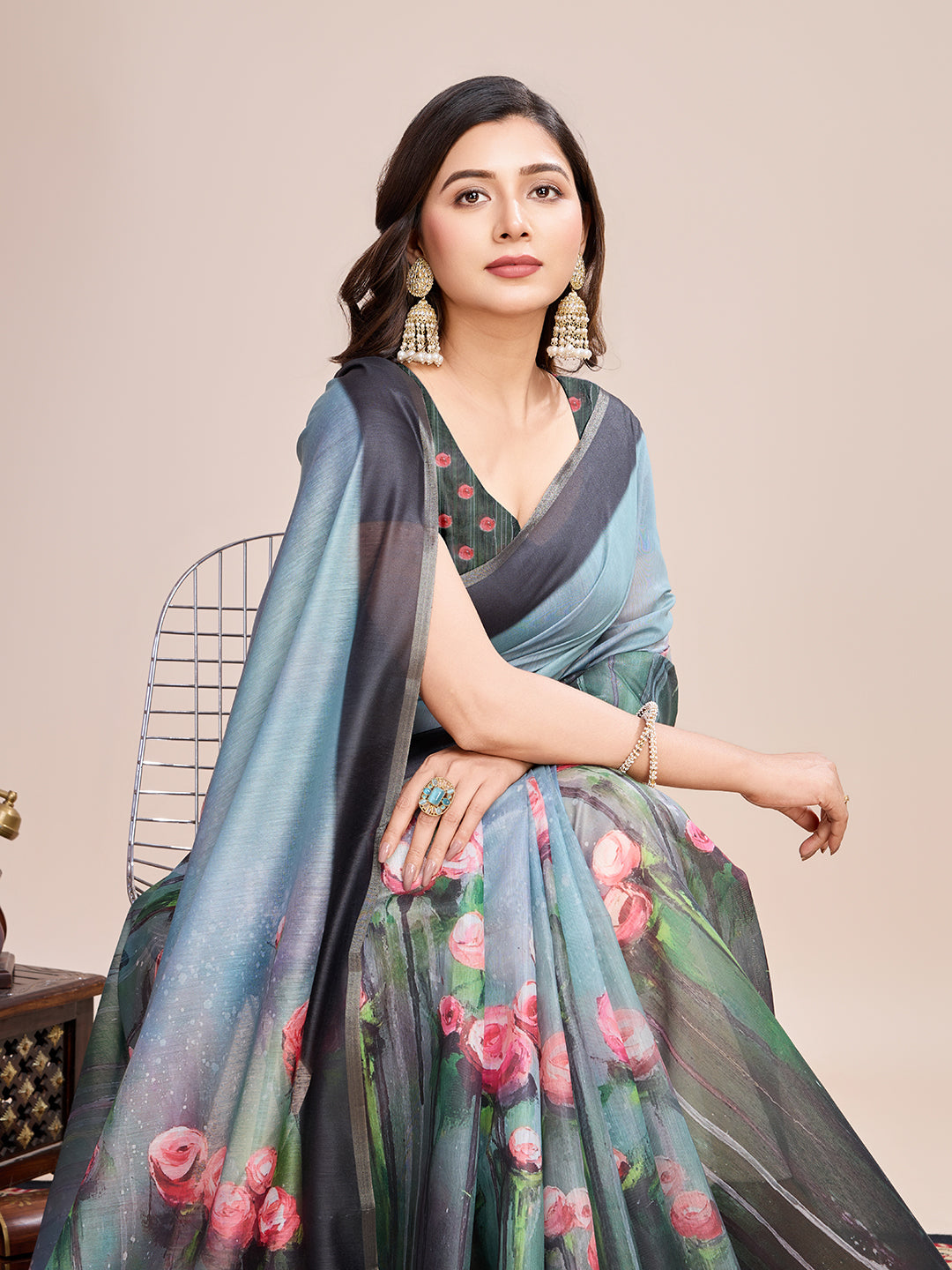 Elegant Grey Blue Saree with Floral Printed Pallu Design