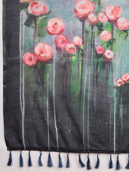 Elegant Grey Blue Saree with Floral Printed Pallu Design