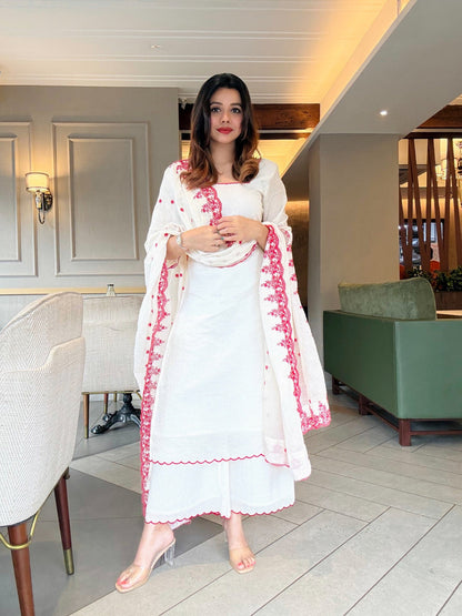 White Cotton Embroidered Kurta Set with Dupatta for Women