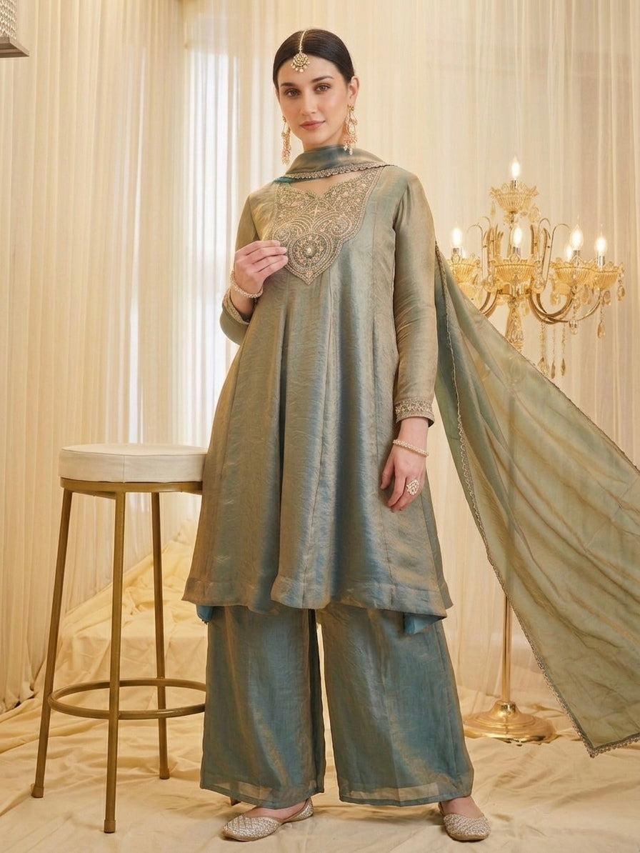 Elegant Fandy Silk Embroidered Traditional Suit Set