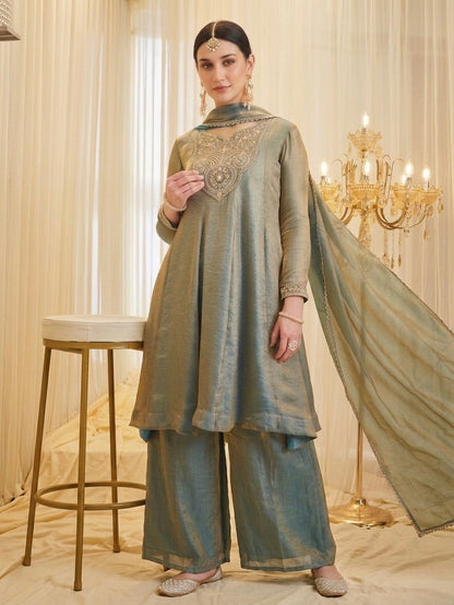 Elegant Fandy Silk Embroidered Traditional Suit Set