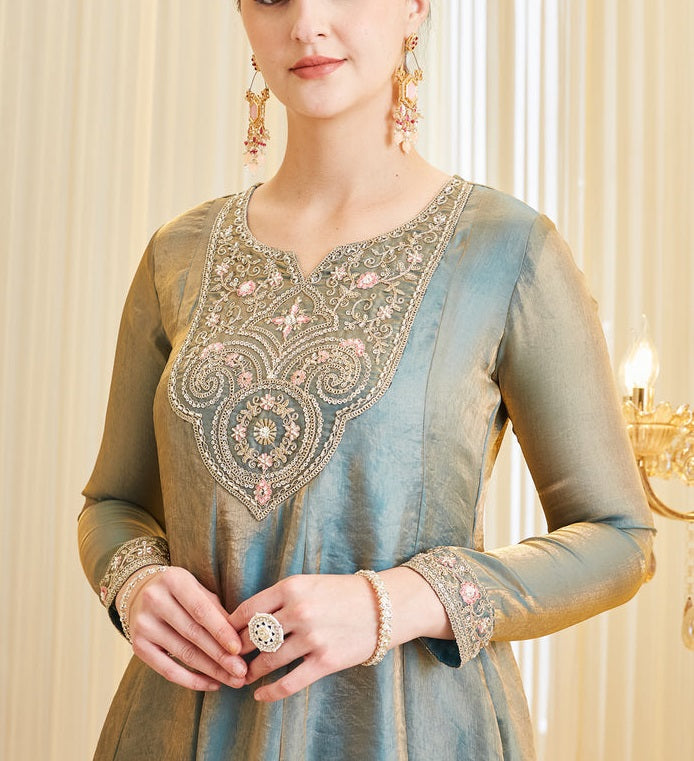 Elegant Fandy Silk Embroidered Traditional Suit Set