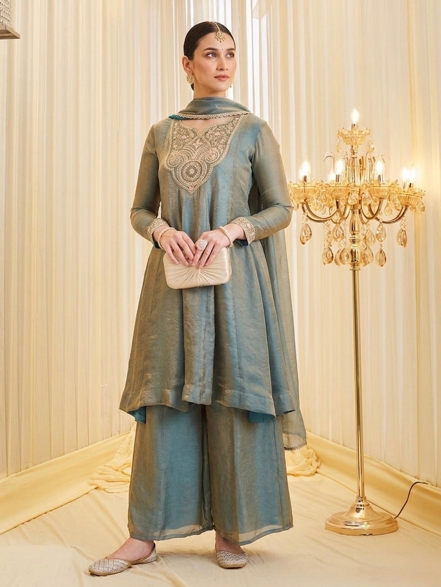 Elegant Fandy Silk Embroidered Traditional Suit Set
