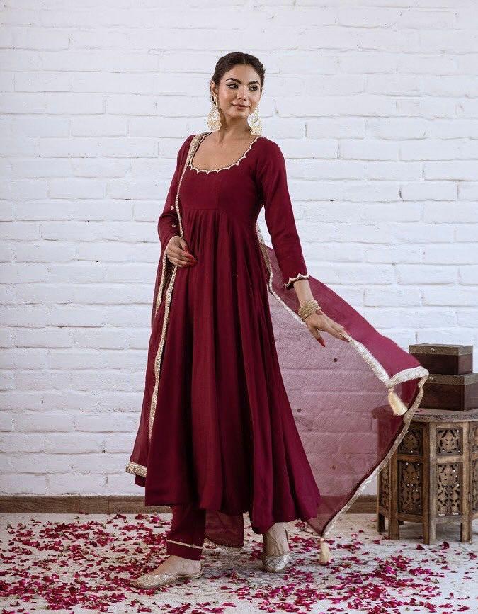 Elegant Chanderi Silk Solid Anarkali Festive Suit Set