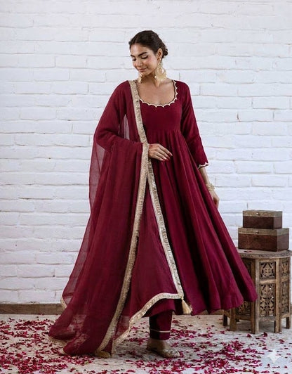 Elegant Chanderi Silk Solid Anarkali Festive Suit Set