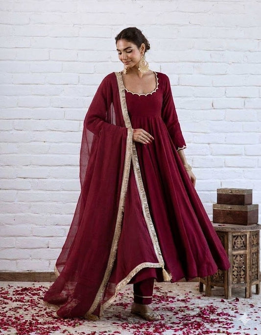 Elegant Chanderi Silk Solid Anarkali Festive Suit Set