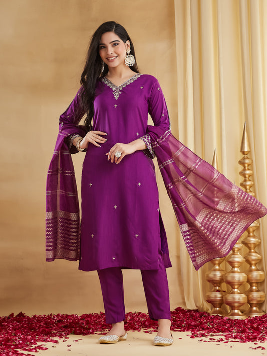 Elegant Viscose Rayon Embroidered Festive Suit Set