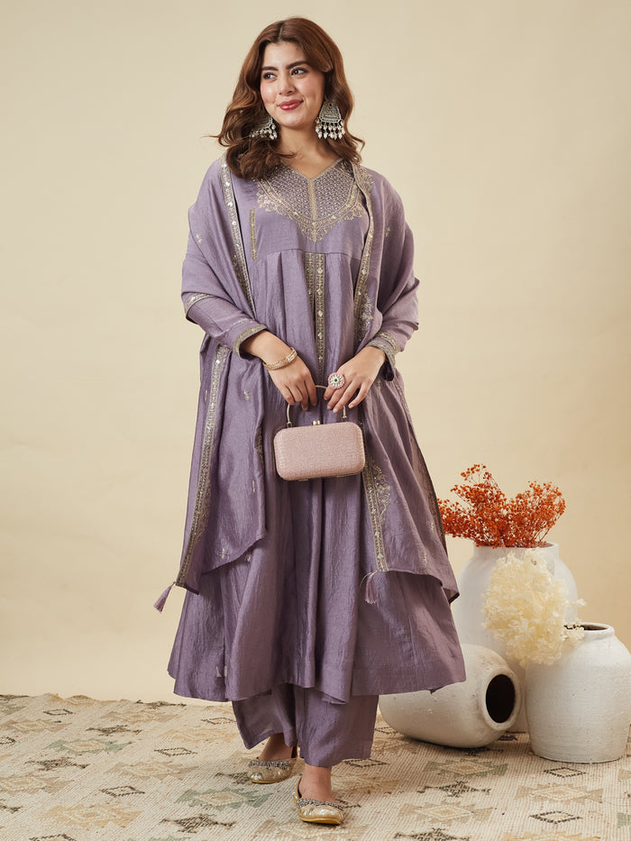 Lavender Anarkali Suit Set with Embroidered Dupatta