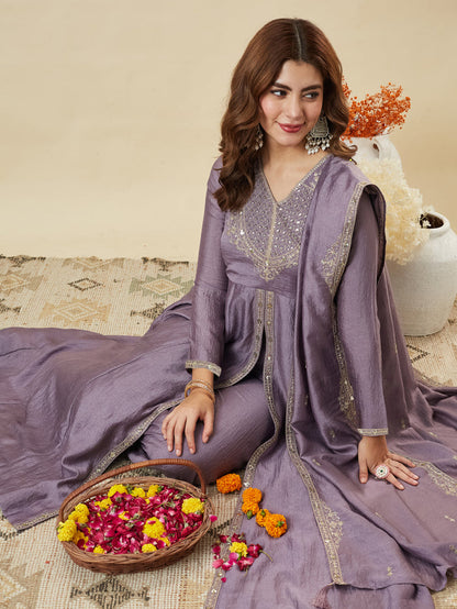 Lavender Anarkali Suit Set with Embroidered Dupatta
